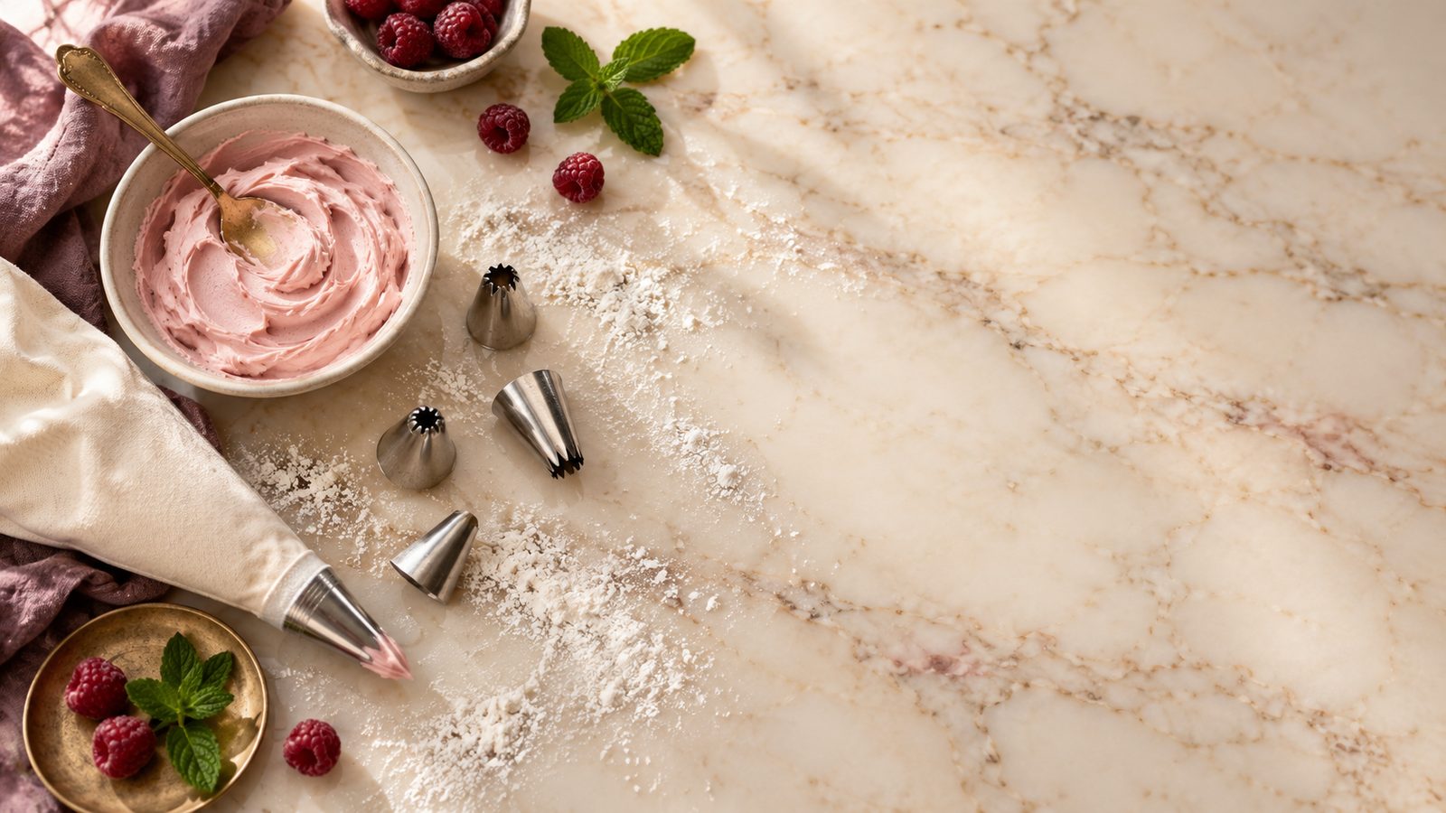 Piping tips, a piping bag, pink buttercream and raspberries on a marble counter