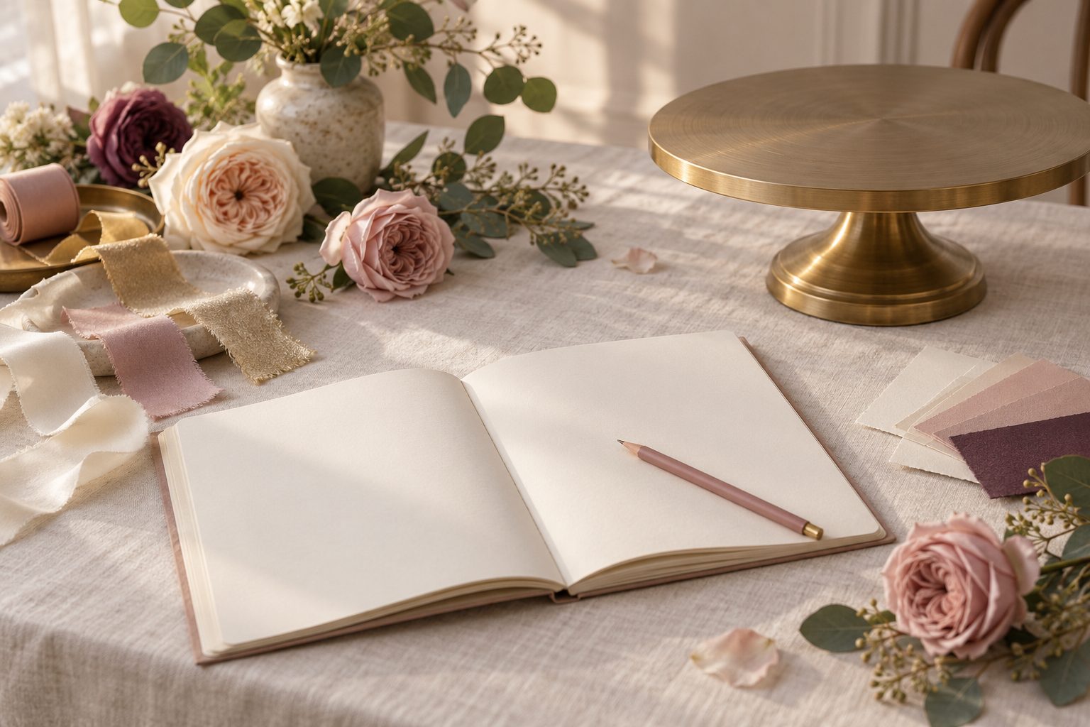 A planning table set with an open sketchbook, ribbon swatches, garden roses and an empty brass cake stand