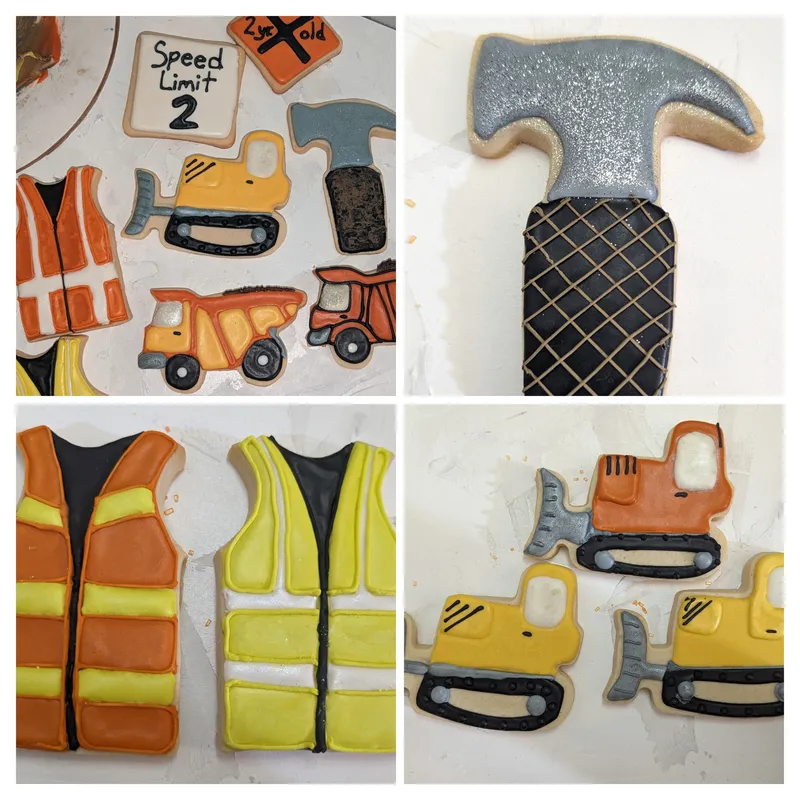Construction-themed cookies: safety vests, a hammer and an excavator